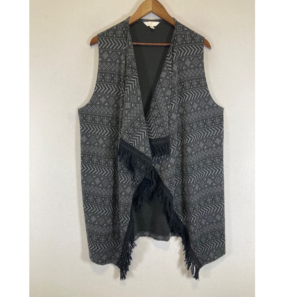 Boho Tribal‎ LC Lauren Conrad Women XL Geometric Fringe Draped Open Knit Vest